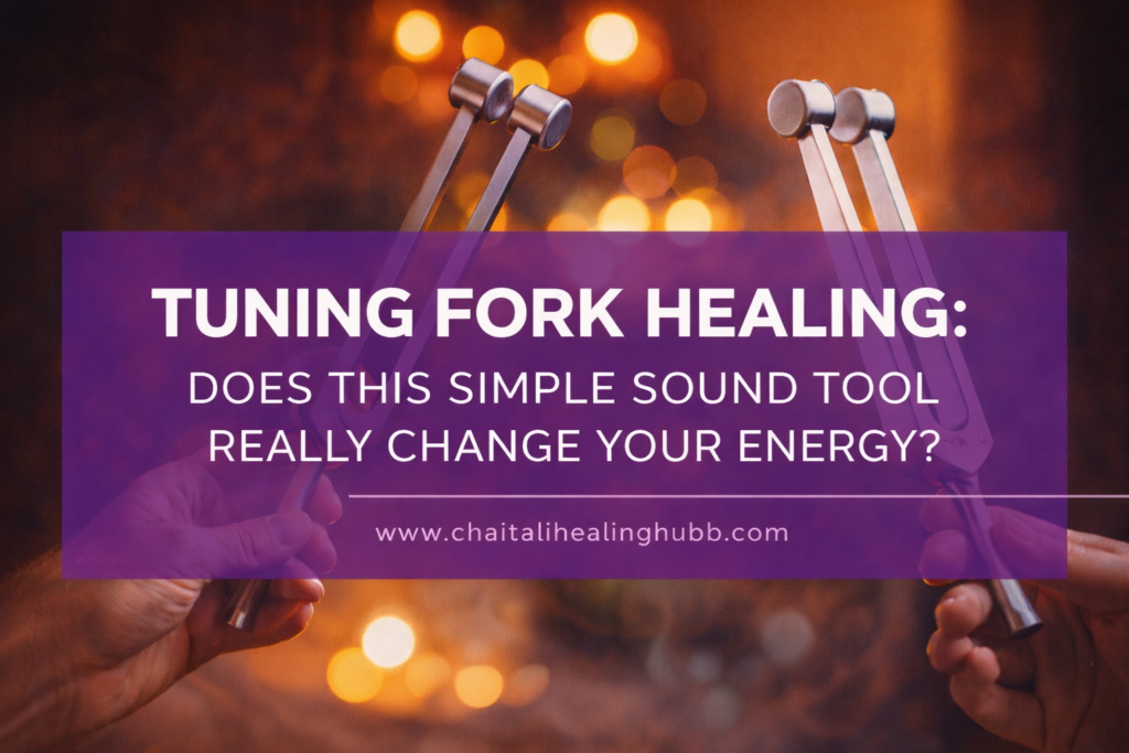 Tuning fork healing therapy using sound vibrations to balance energy and promote relaxation