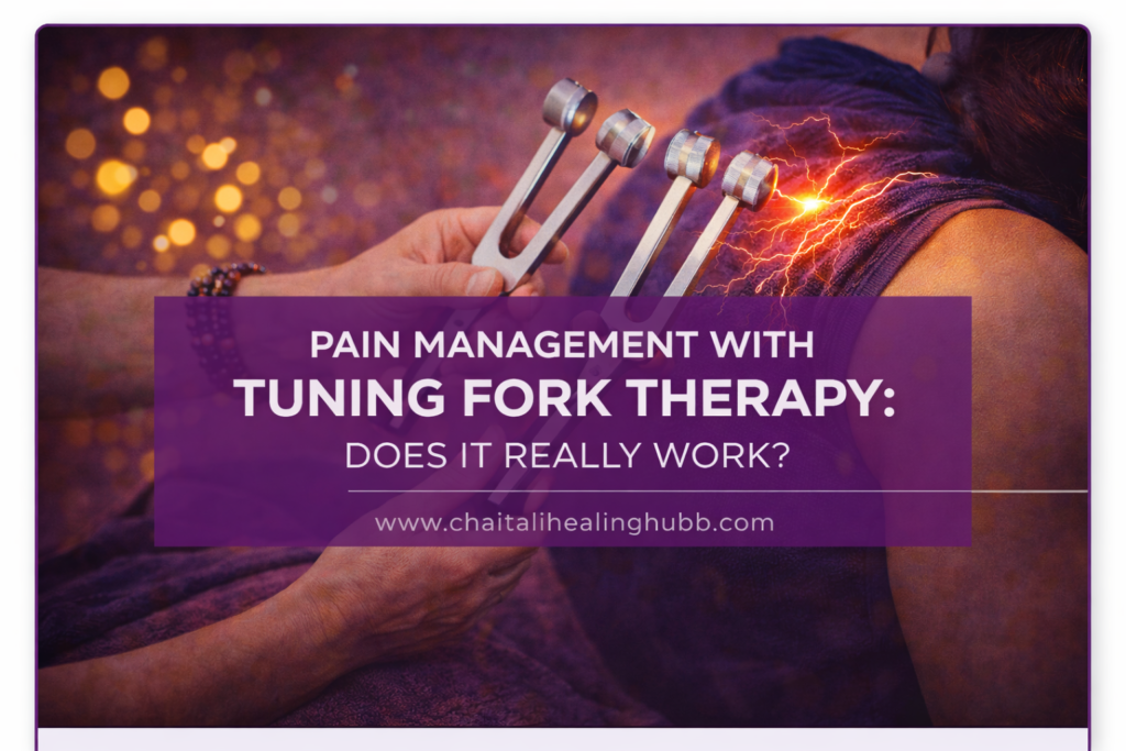 Pain management with tuning fork therapy showing vibrational healing on shoulder pain