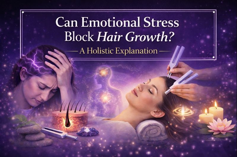 Can emotional stress block hair growth? Visual representation of stress, scalp energy healing, and holistic therapy for hair regrowth at Chaitali Healing Hubb.