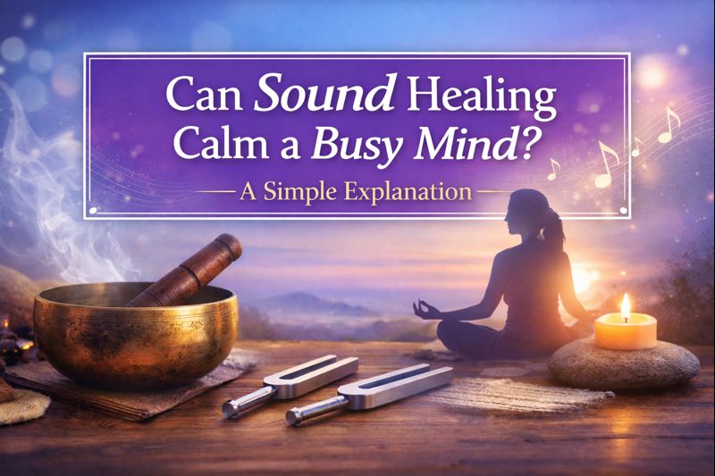 Sound healing therapy in Mumbai showing singing bowl, tuning forks, and a meditating woman calming a busy mind
