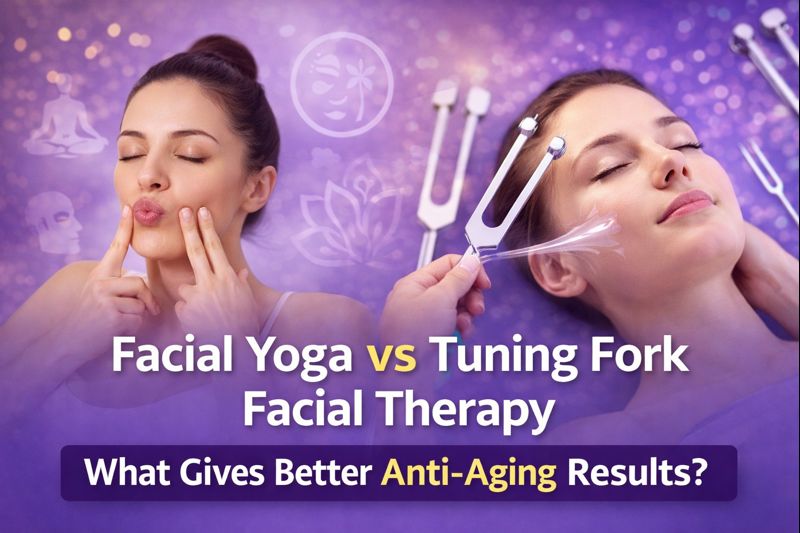 Facial Yoga vs Tuning Fork Facial Therapy comparison showing natural anti-aging techniques for facial rejuvenation and youthful skin