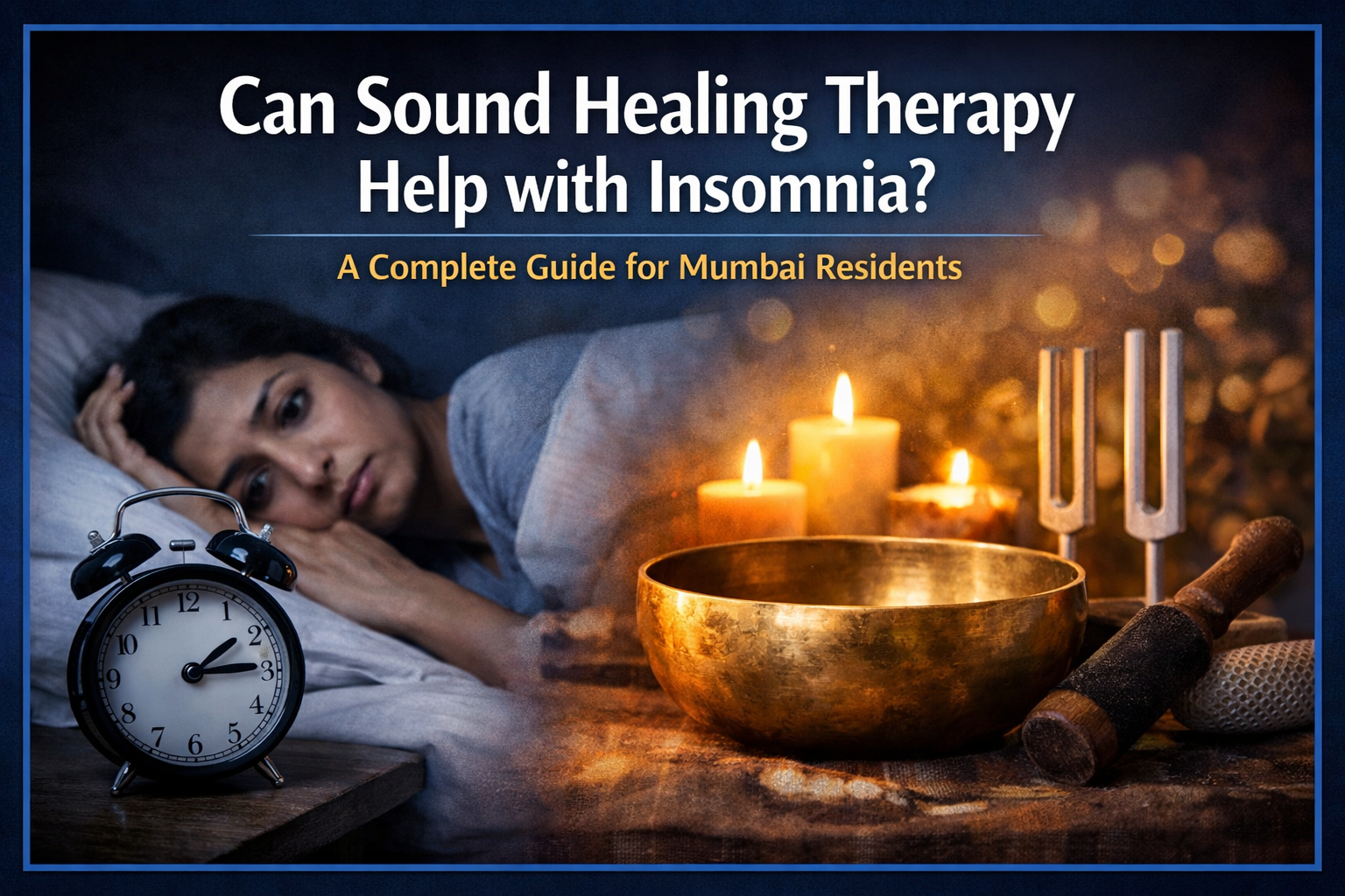 Woman struggling with insomnia while sound healing therapy in Mumbai setup with singing bowl and tuning forks helps improve sleep naturally