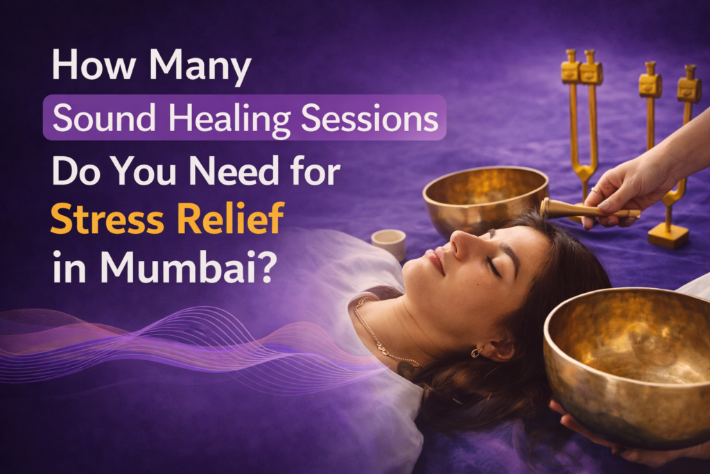 Woman receiving sound healing therapy in Mumbai session for stress relief using singing bowls and tuning forks