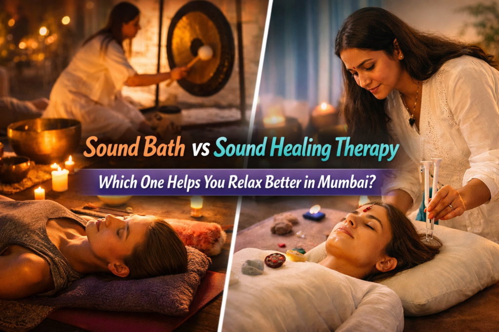 Comparison of sound bath and sound healing therapy in Mumbai showing relaxation session and tuning fork therapy for stress relief